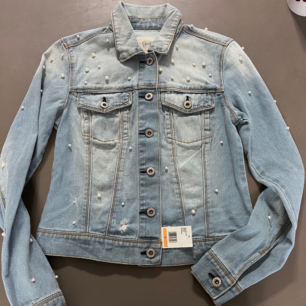 Jessica Simpson Denim Jacket with Pearls. Size Small. Brand New